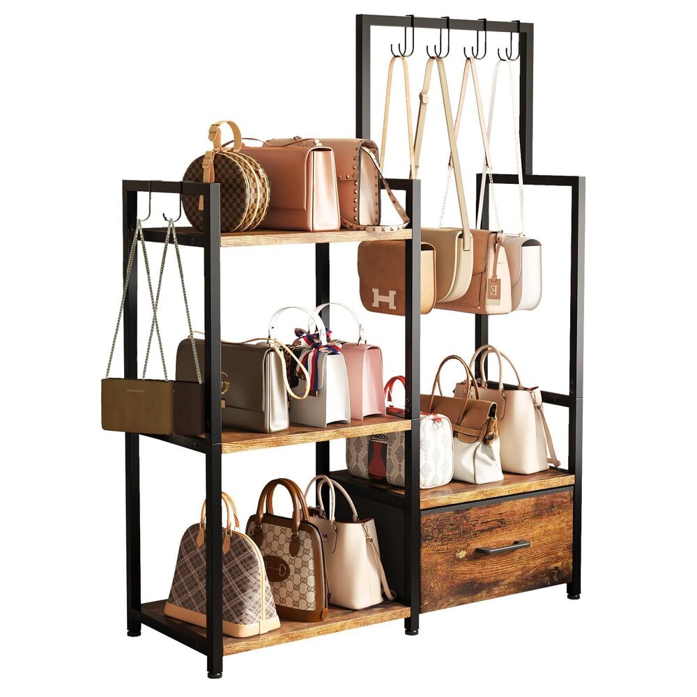5840 3-Tier Ironwood Purse Rack – Large Drawer & 6 Hooks for Handbag